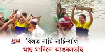 বিলত নামি নাচি-বাগি মাছ মাৰিলে আঙুৰলতাই
